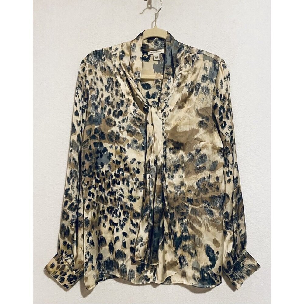 Boston Proper Top Womens 16 Animal Print Tie Neck Silky Button Up Poet Sleeve